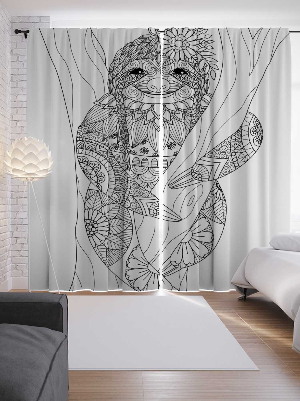 фото Шторы joyarty с фотопечатью "ленивец в орнаментах" из сатена, 290х265 см