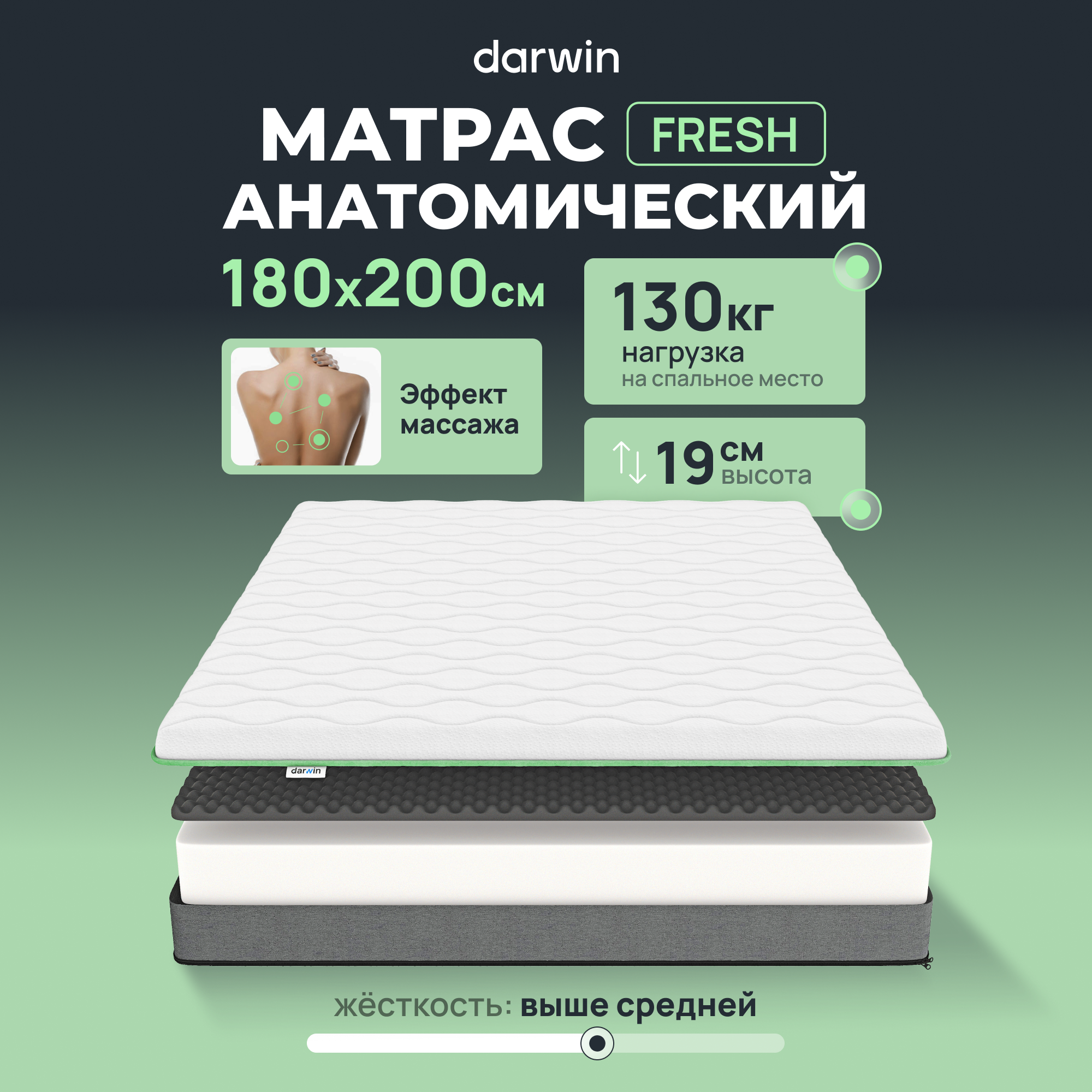 Ортопедический Матрас Darwin Fresh 180х200, беспружинный, 19 см высота, белый