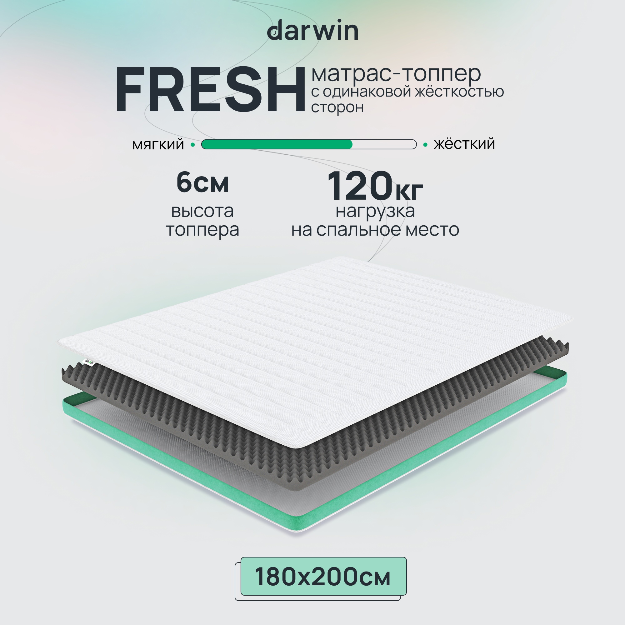 фото Матрас-топпер беспружинный darwin fresh 180х200, 6 см высота, белый