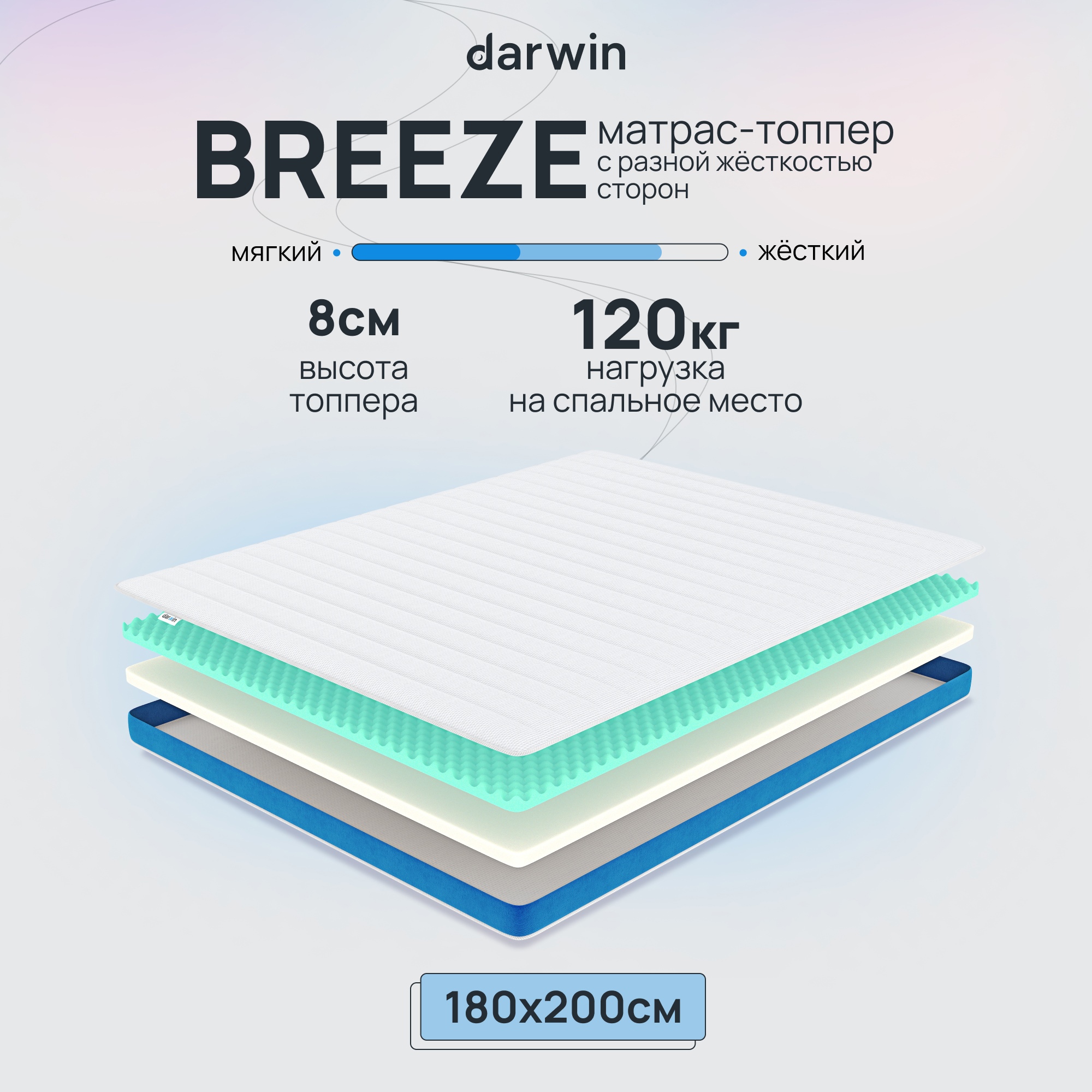 фото Матрас-топпер беспружинный darwin breeze 180х200, 8 см высота, белый