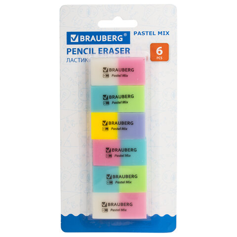 

Набор ластиков Brauberg Pastel Mix, 6 шт., цвета ассорти, 44х21х10 мм, 229597, 4 шт, Разноцветный