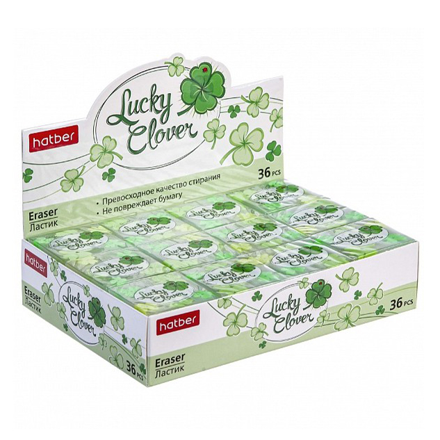 Ластик классический Hatber Lucky Clover ПВХ 36 шт