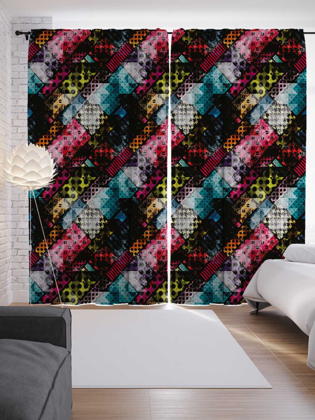 фото Шторы joyarty с фотопечатью "абстрактный пэчворк" из сатена, 290х265 см