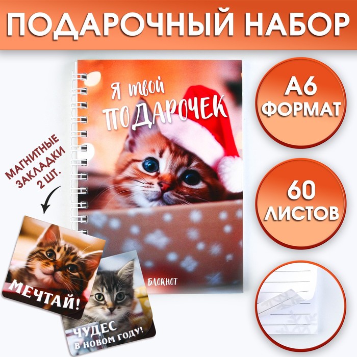 

Подарочный набор: Блокнот на спирали А6, 60листов и магнитные закладки 2 шт. «Я твой подар, Коричневый