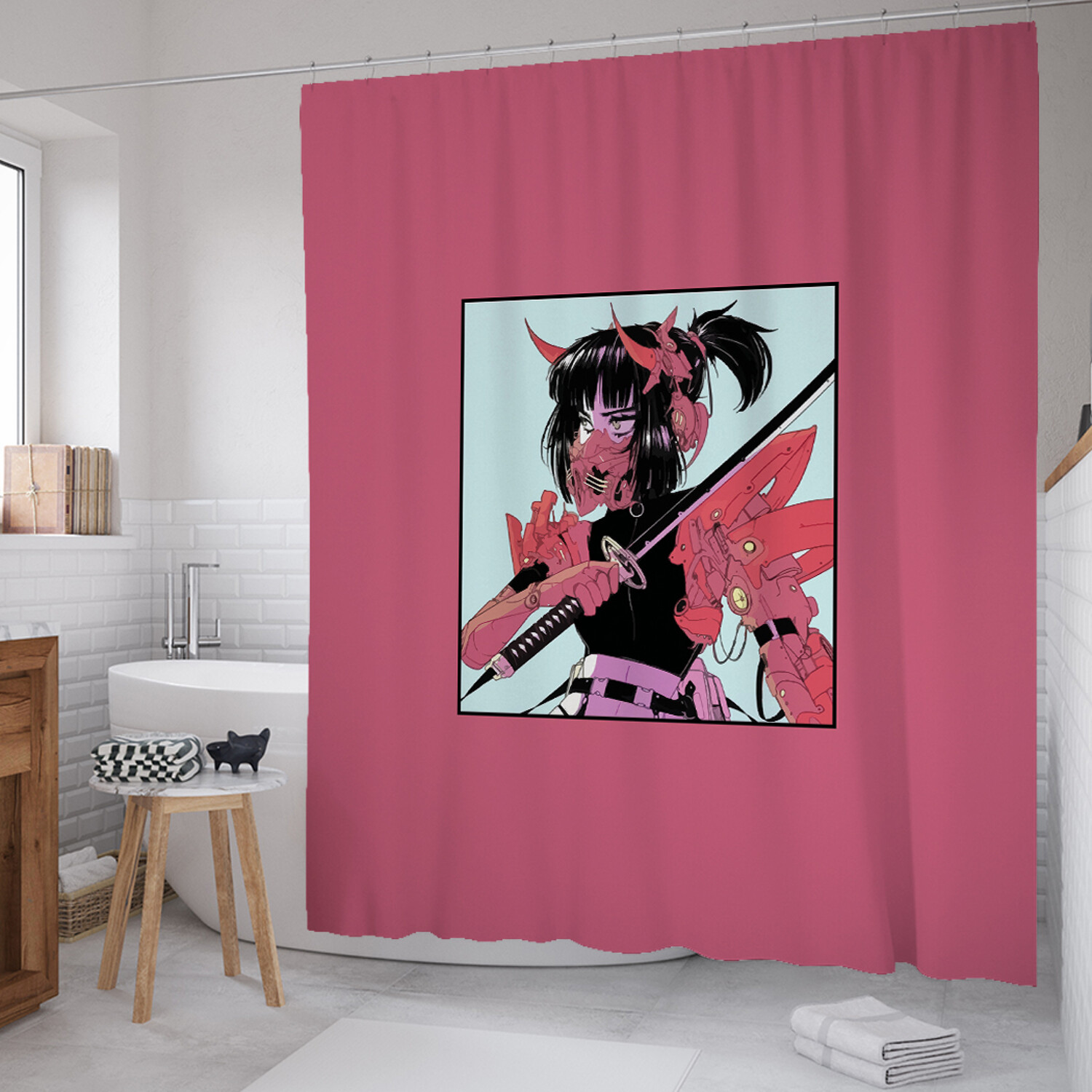 

Штора для ванной JoyArty "Девушка самурай" 180х200 см с крючками, Розовый, Девушка самурай