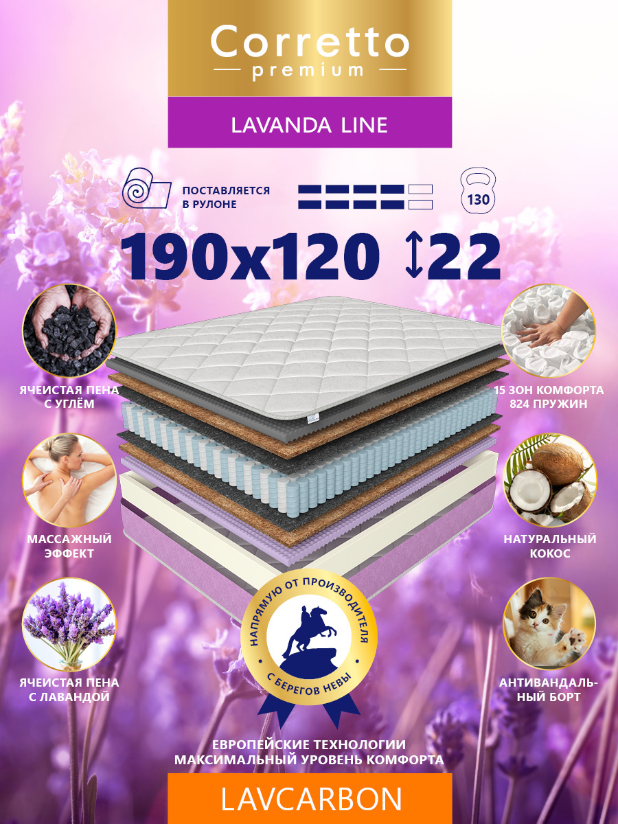

Матрас пружинный Corretto Lavcarbon 190X120, Белый;фиолетовый, Lavcarbon