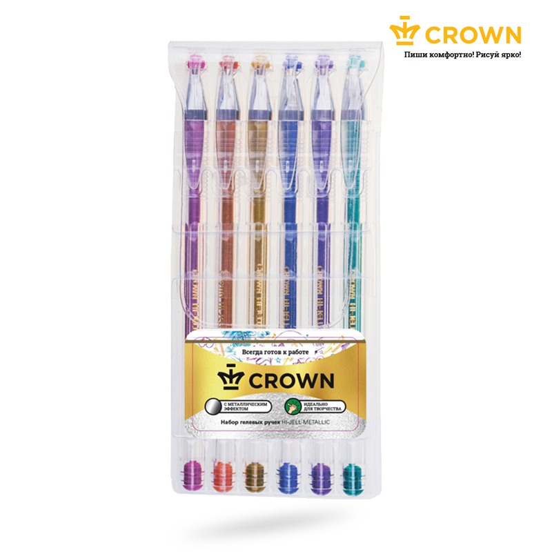 Набор ручек гелевых Crown Hi-Jell Metallic, разноцветные, 0,7 мм, 6 шт.