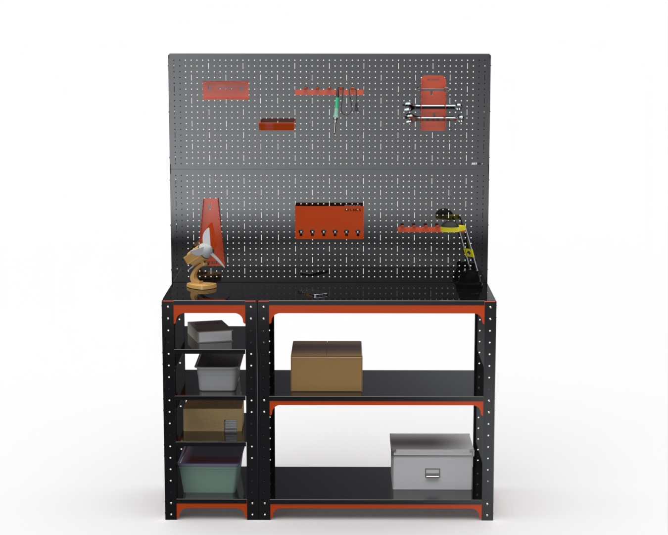 

Стол-верстак Metalex 204591 KIT 950х1800х500 с бок.полками, двумя панелями, оранжево-черн.