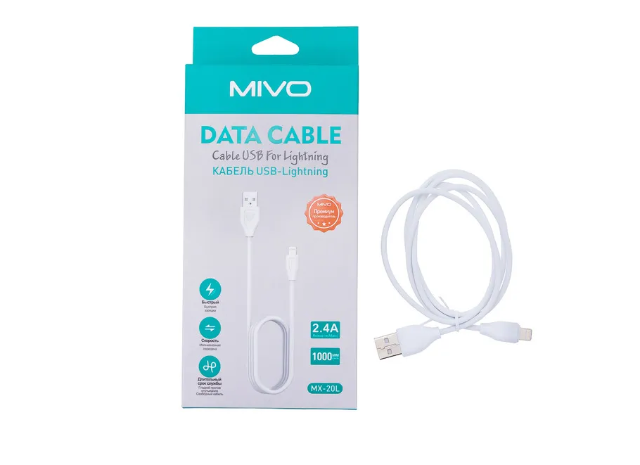 Кабель MIVO MX-20L USB-Lightning 1м, 5 В /2,4 А