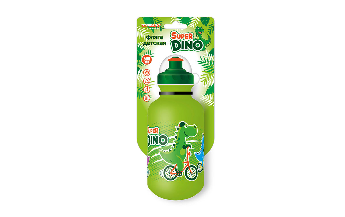 

Фляга TRIX Super Dino детская, 500 мл, защитная крышка, LDPE, зеленая, Зеленый
