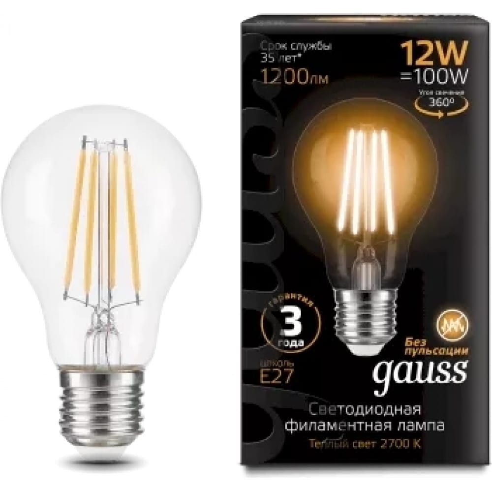 фото Лампа gauss filament а60 12w 1200lm 2700к е27 led 1/10/40 102902112