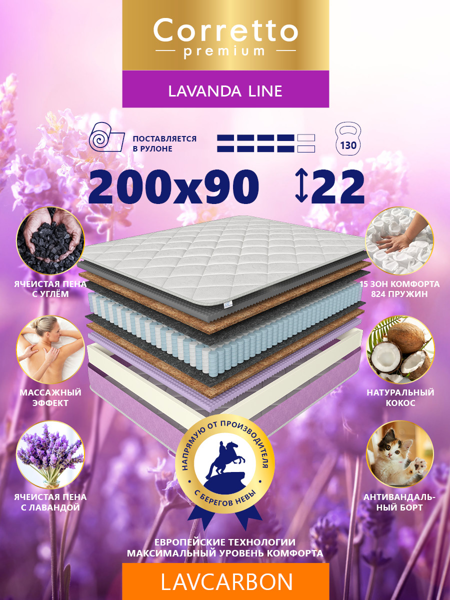 

Матрас пружинный Corretto Lavcarbon 200X90, Белый;фиолетовый, Lavcarbon