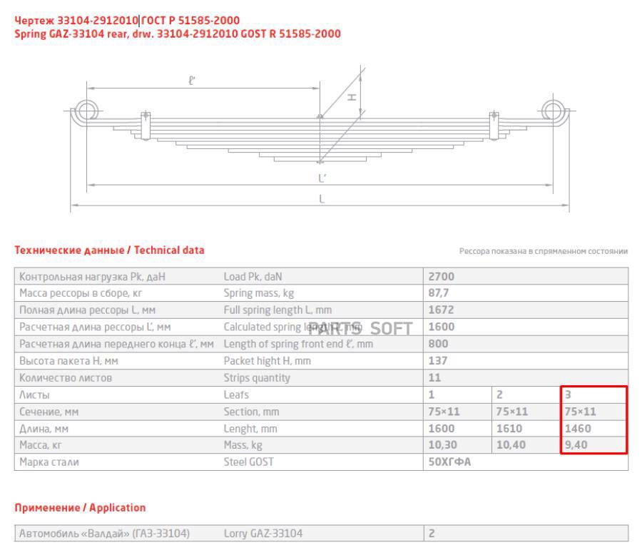 

33104-2912103 лист рессоры задн №3 75х11 L=1460 ГАЗ ЧМЗ 331042912103