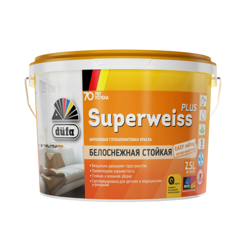 

Краска Dufa Retail Superweiss Plus глубокоматовая 2,5 л, Белый