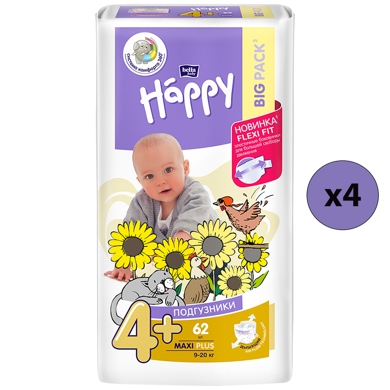 Подгузники Bella Baby Happy Maxi Plus 4+, 9-20 кг, 62 шт, 4 упаковки