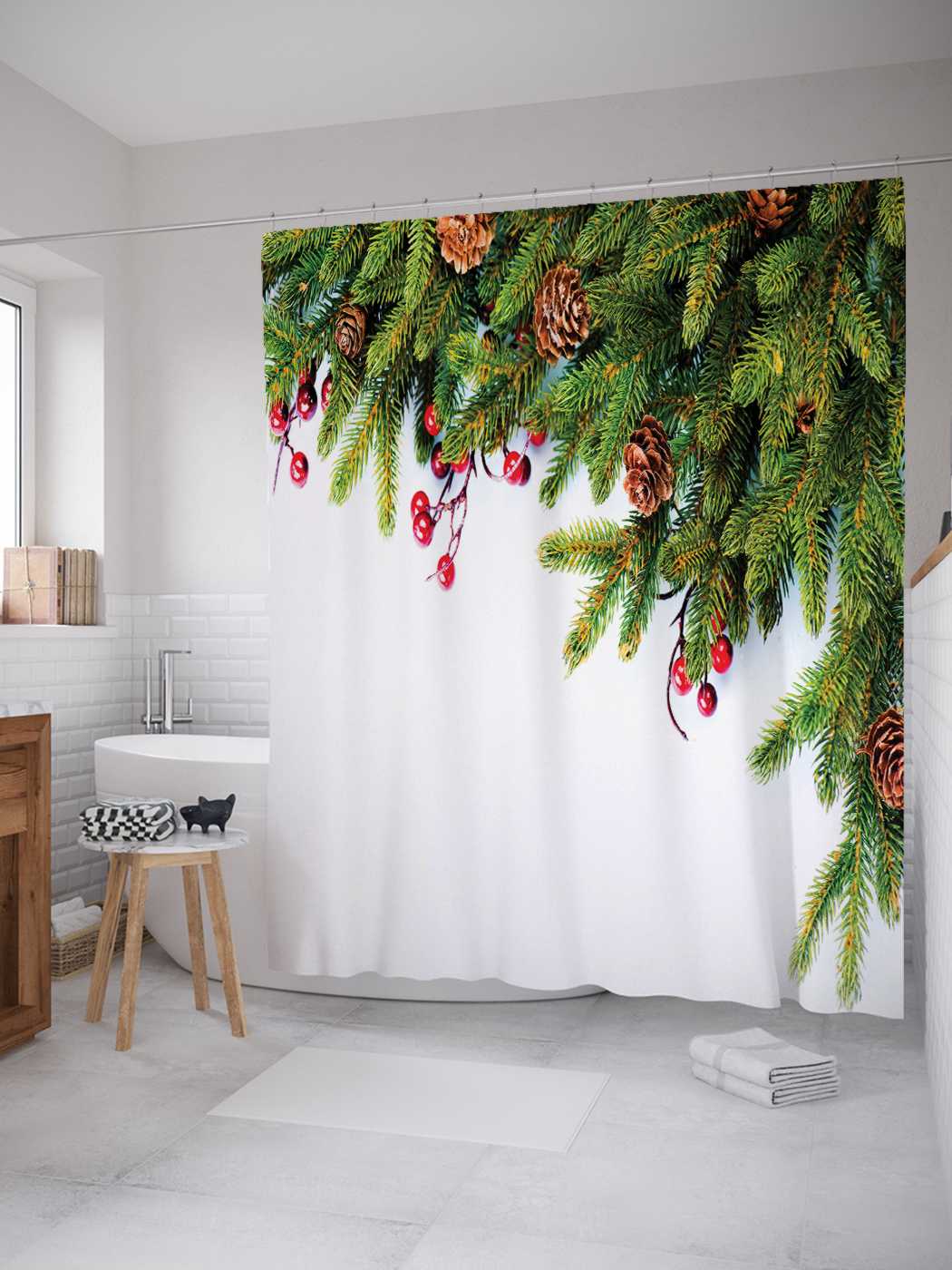 

Штора (занавеска) для ванной JoyArty "Елочные игрушки" из сатена, 180х200 см с крючками, Голубой, Елочные игрушки