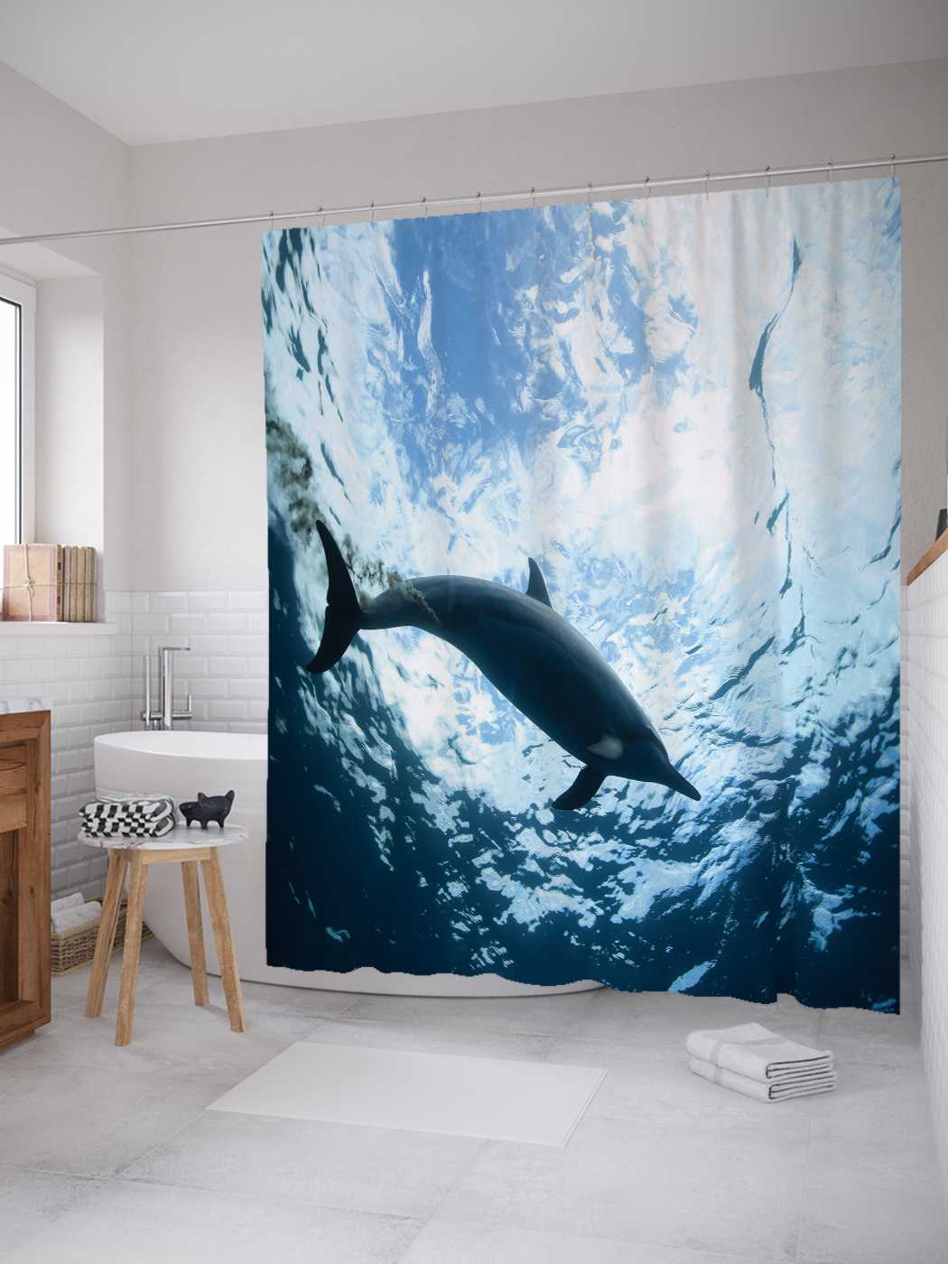 фото Штора для ванной joyarty "дельфин-путешественник" из сатена, 180х200 см с крючками
