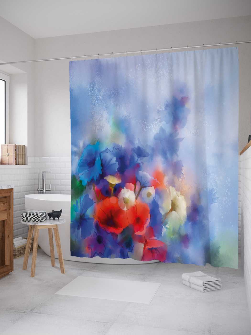 

Штора (занавеска) для ванной JoyArty "Космические цветы" из сатена, 180х200 см с крючками, Фиолетовый, Космические цветы