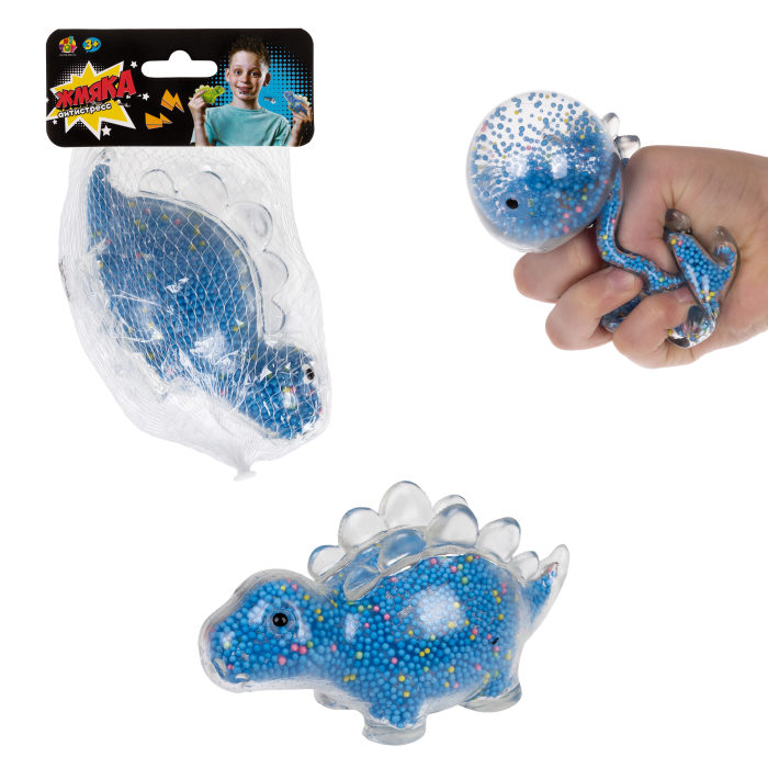 игрушка-антистресс 1toy Жмяка стегозавр с пенопласт шарик, 11х5 см, синий