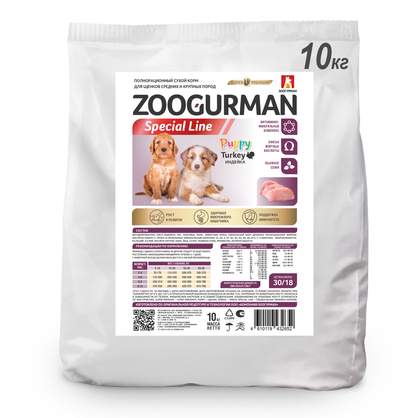 

Полнорационный сухой корм для щенков пород Zoogurman Puppy, Special line, Индейка 10кг