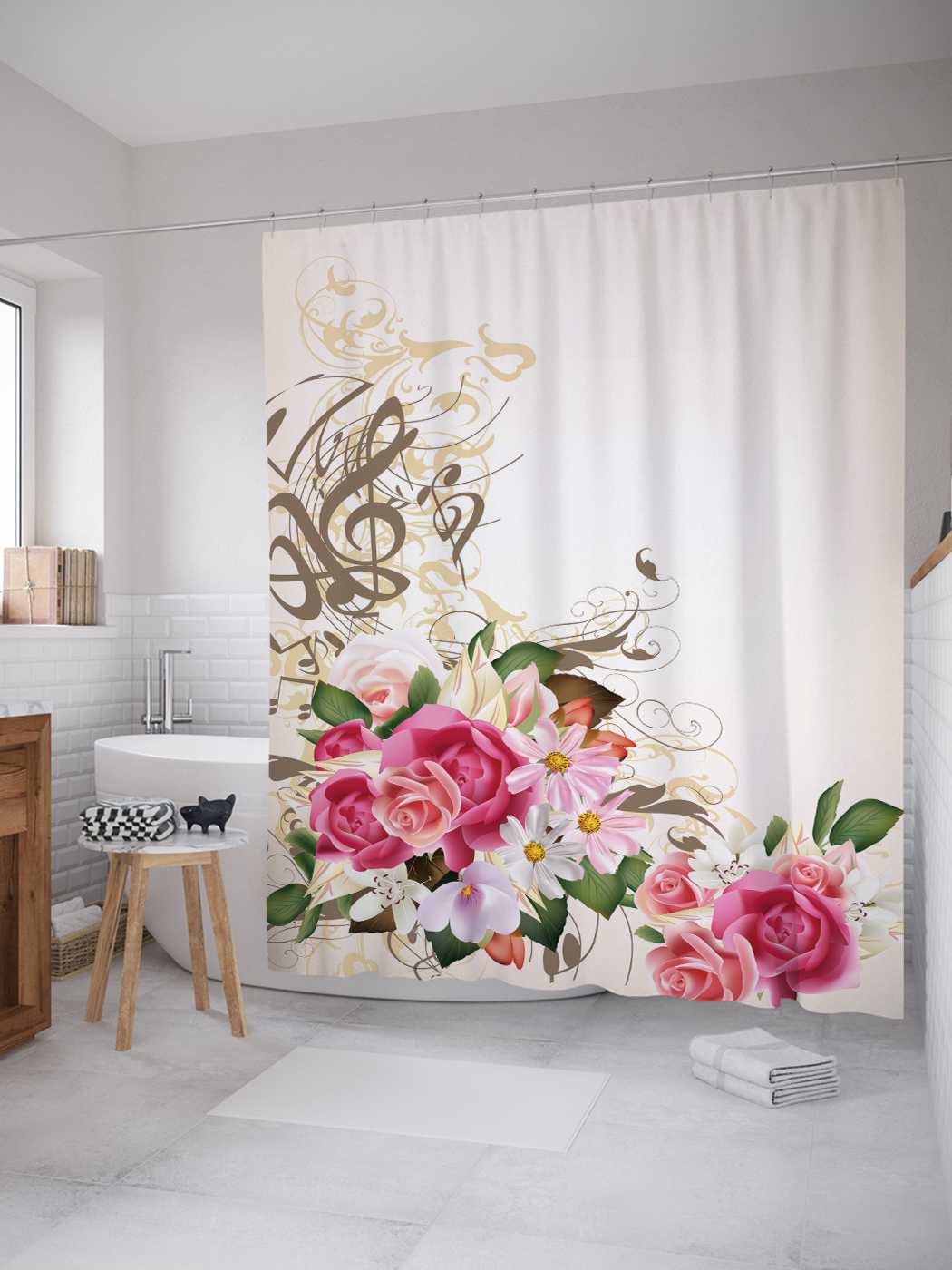 

Штора (занавеска) для ванной JoyArty "Цветы в музыке" из сатена, 180х200 см с крючками, Серый, Цветы в музыке