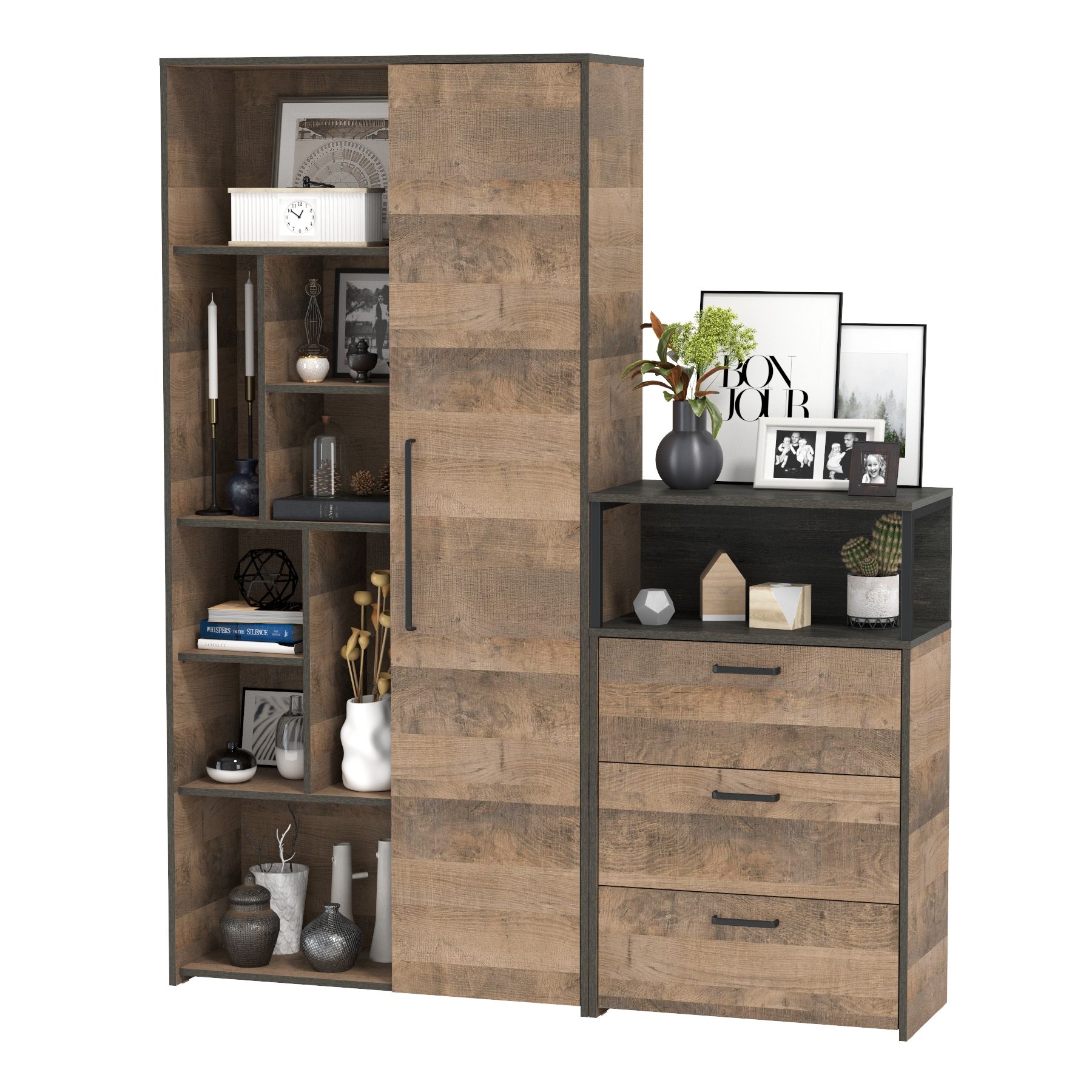 

Стенка в гостиную Mobi Трувор с комодом дуб гранж песочный/интра, 159х37х194,2 см, ун.сб., 13.206+13.307.02