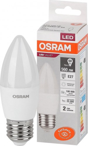 Лампа LED свеча LV CLB 60 7W E27 4000K 560lm мат 105х38 Osram, 10шт.