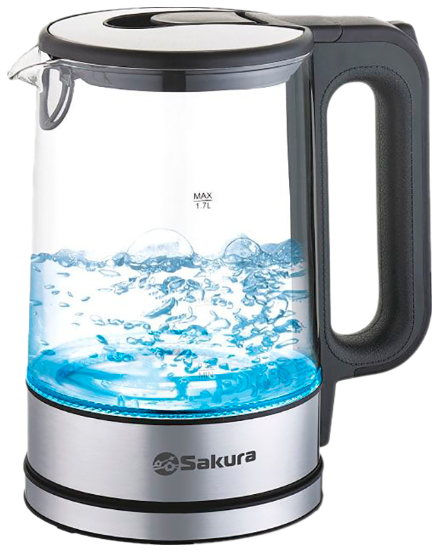 Чайник электрический SAKURA SA-2726SBK 1.7л 1.7 л черный, прозрачный, серебристый измельчитель sakura sa 6246bs серебристый