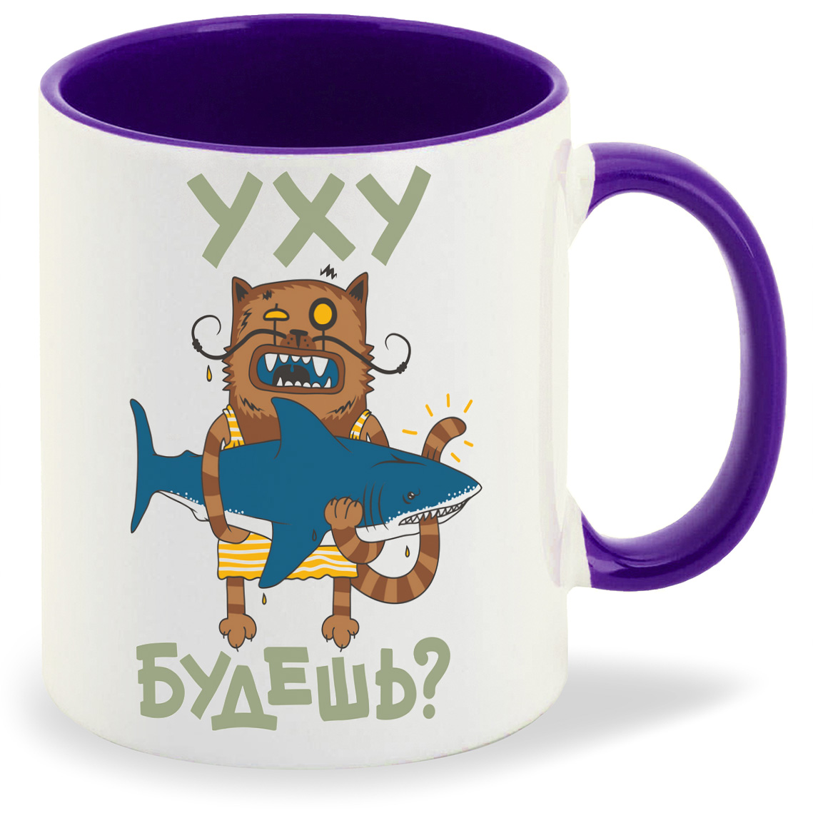 

Кружка CoolPodarok Прикол Кот с акулой Уху будешь, Прикол Кот с акулой Уху будешь