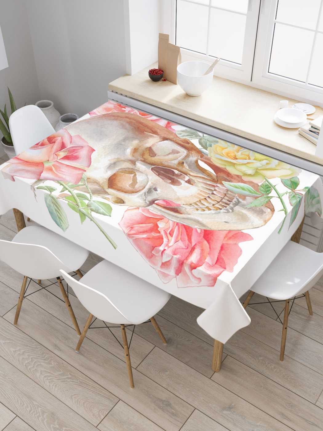 

Скатерть прямоугольная JoyArty "Череп в розах" из оксфорда, 180x145 см, Белый, Череп в розах