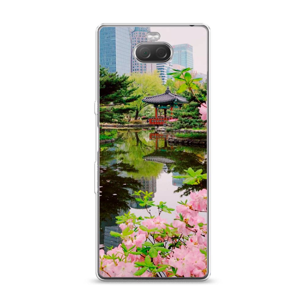 

Чехол на Sony Xperia 10 "Сакура возле озера", Зеленый;розовый;голубой, 54050-2