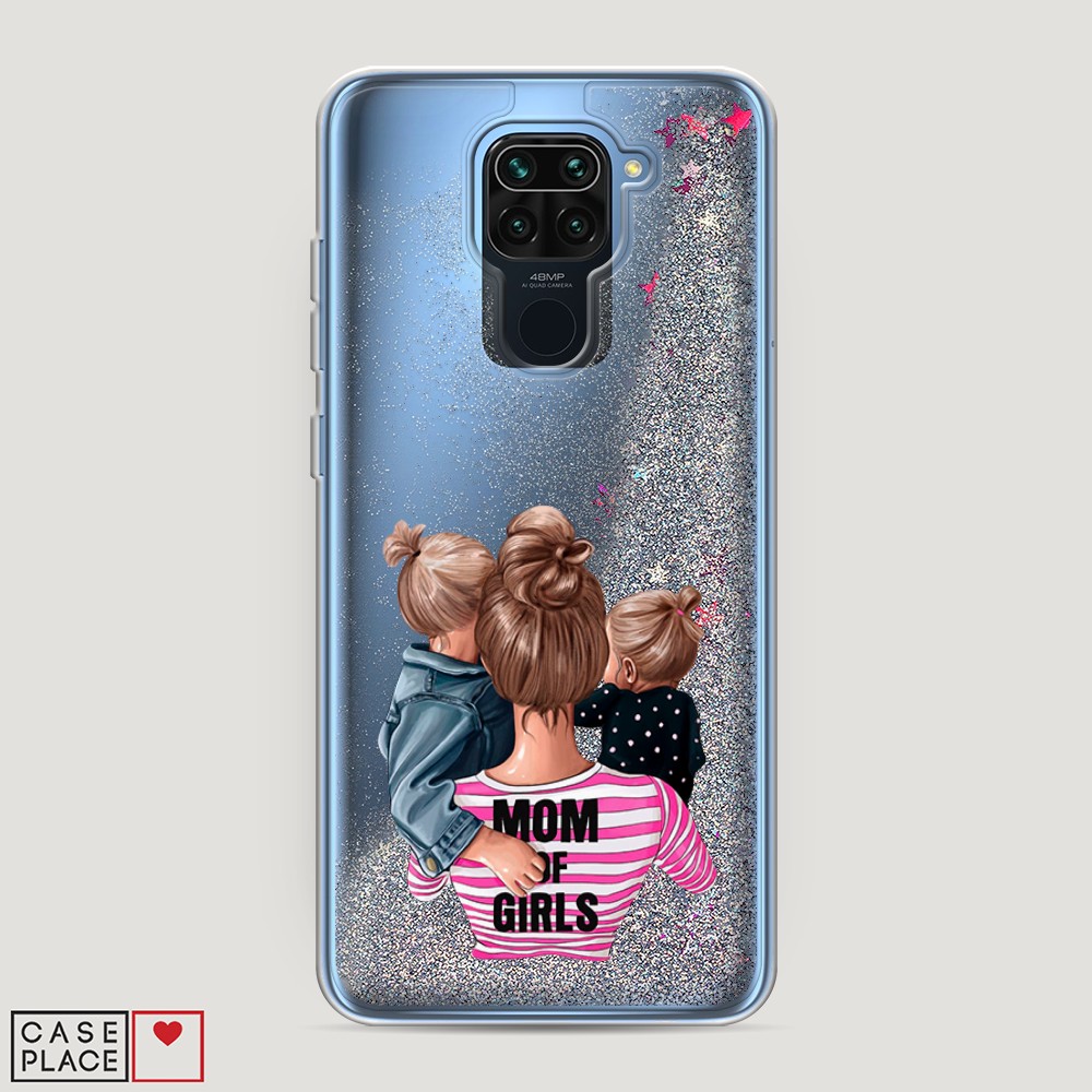 фото Жидкий чехол с блестками "mom of girls" на xiaomi redmi note 9 awog