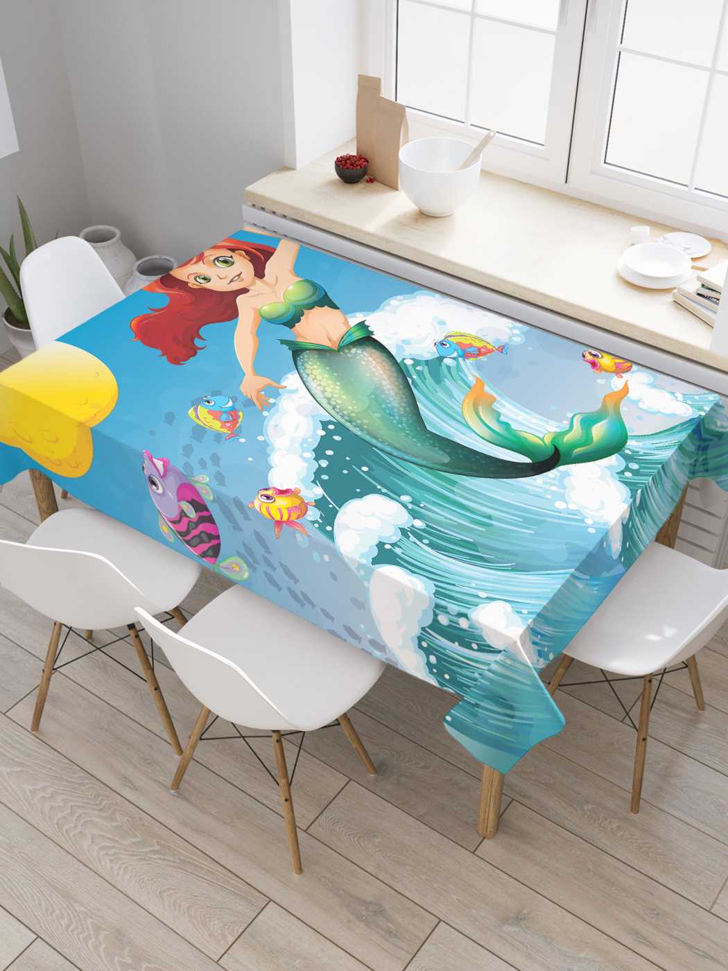 

Скатерть прямоугольная JoyArty "Летящая русалка" из оксфорда, 180x145 см, Голубой, Летящая русалка