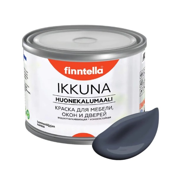 

Краска IKKUNA FINNTELLA Матовая, ISLANTI серо-голубой, 0,45л, IKKUNA для мебели и для дерева, для кухни и кухонных фасадов, для шкафов, для комодов и для деревянных поверхностей с натуральным маслом, без запаха