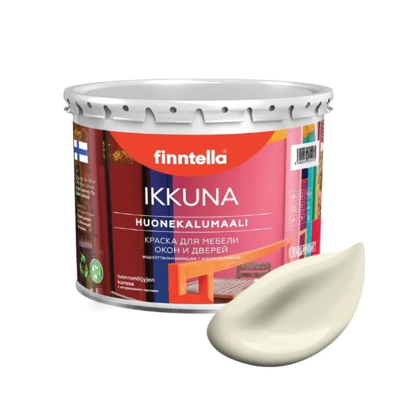 

Краска IKKUNA FINNTELLA Матовая, KERMAINEN Жёлто-белый, 0,45л, Желтый, IKKUNA для мебели и для дерева, для кухни и кухонных фасадов, для шкафов, для комодов и для деревянных поверхностей с натуральным маслом, без запаха