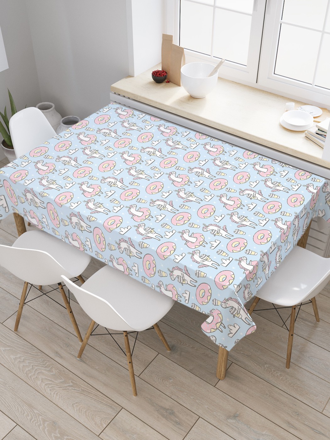 

Скатерть прямоугольная JoyArty "Единорог-сладкоежка" из сатена, 180x145 см, Голубой, Единорог-сладкоежка