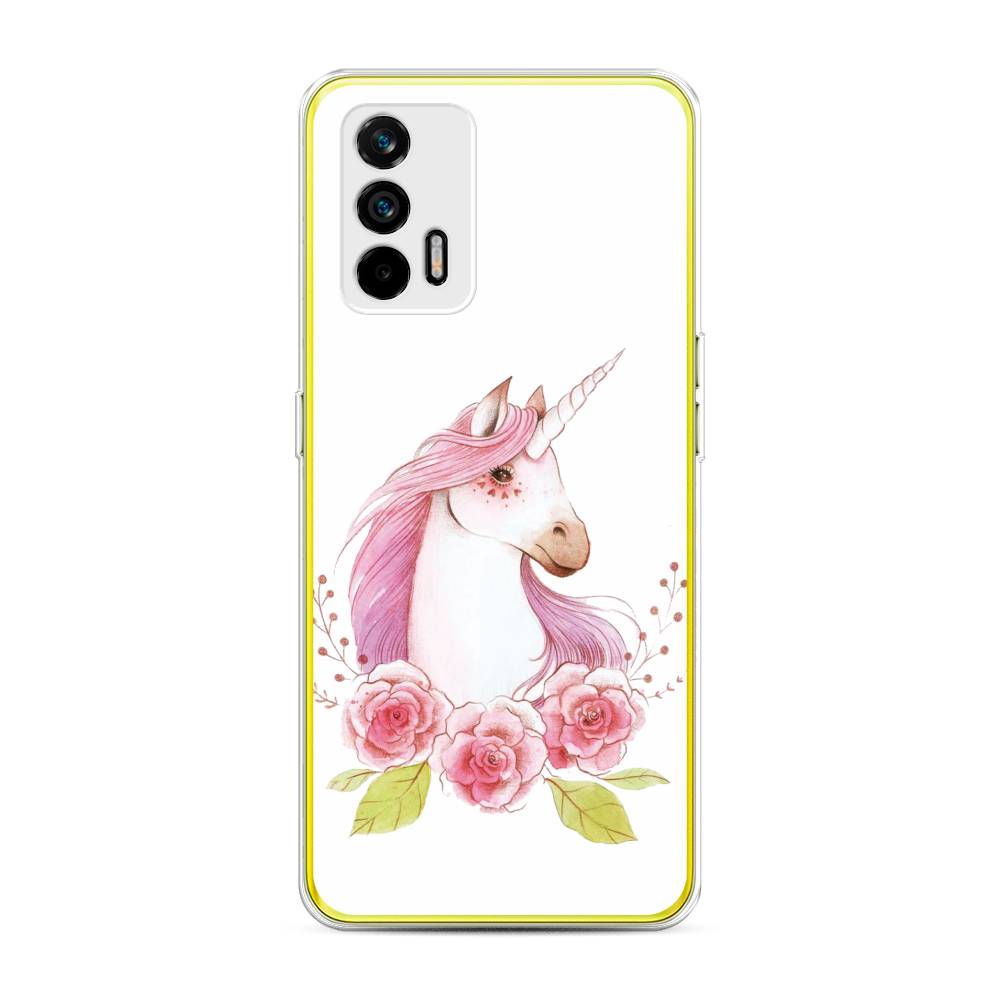 

Чехол на Oppo Realme Q3 Pro "Единорог цветы", Белый;розовый;серый, 256550-1