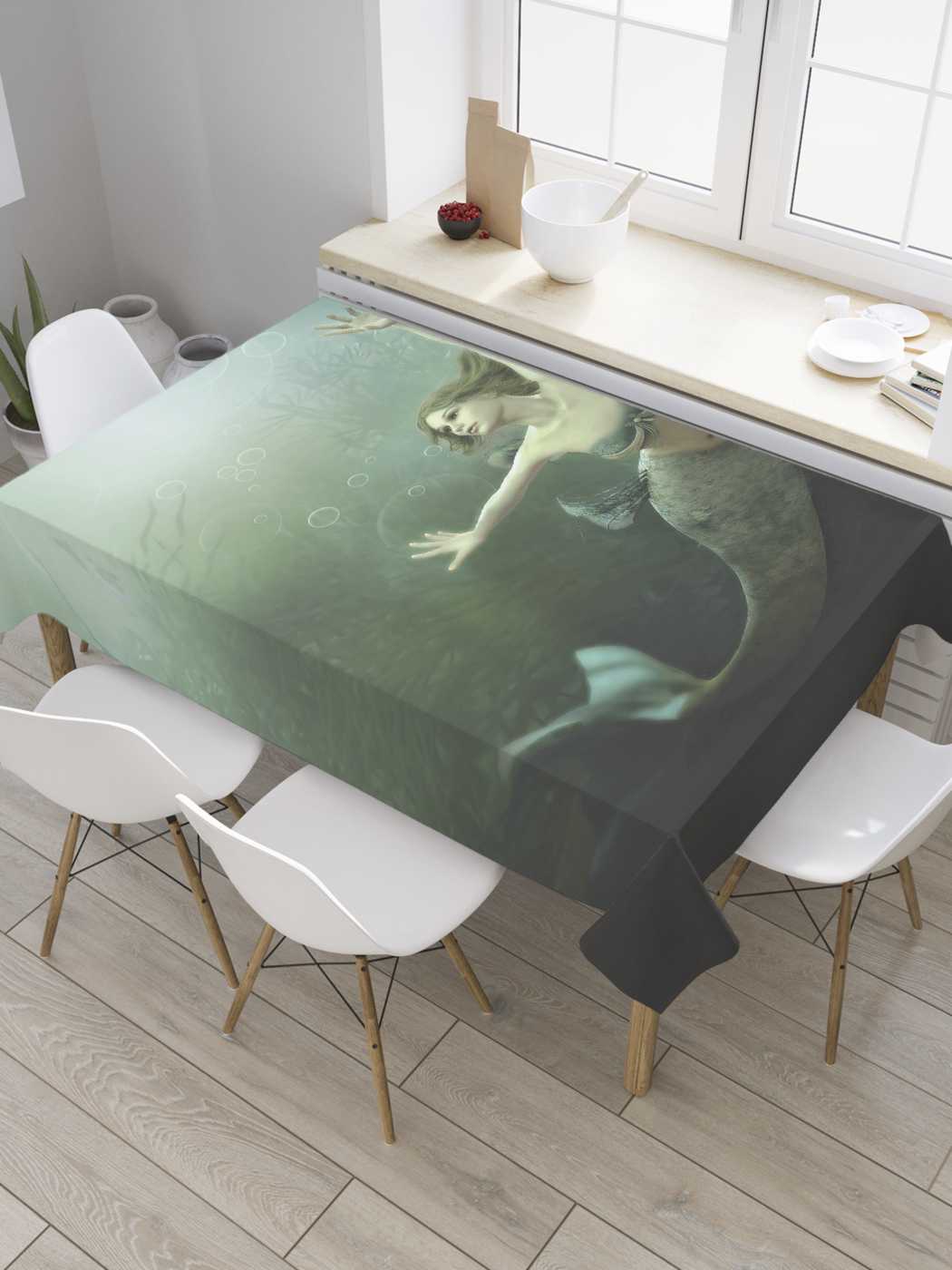 

Скатерть прямоугольная JoyArty "Испуг русалки" из сатена, 180x145 см, Зеленый, Испуг русалки