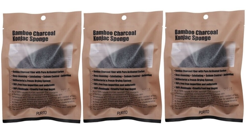 Спонж Purito косметический Bamboo Charcoal Konjac Sponge черный 3 шт