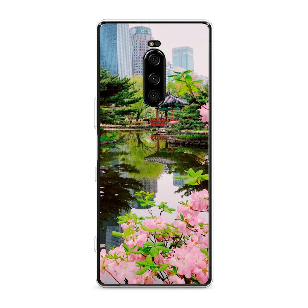 

Чехол на Sony Xperia 1 "Сакура возле озера", Зеленый;розовый;голубой, 54250-2