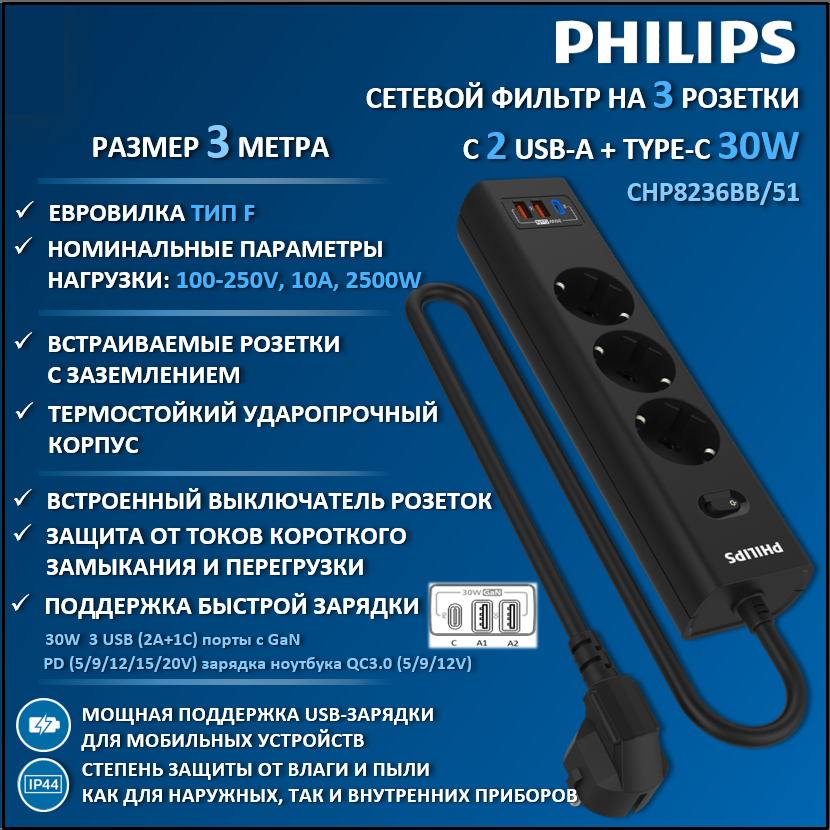 

Сетевой фильтр удлинитель Philips CHP8236BB/51 с тремя розетками EU, 2 USB-A, 3 м, черный, CHP8236