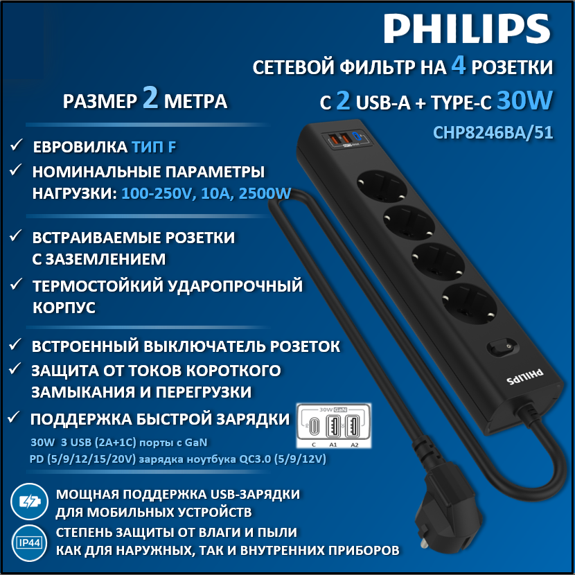 

Сетевой фильтр удлинитель Philips CHP8246BA/51 с четырьмя розетками EU, 2 USB, 2 м, черный, CHP8246