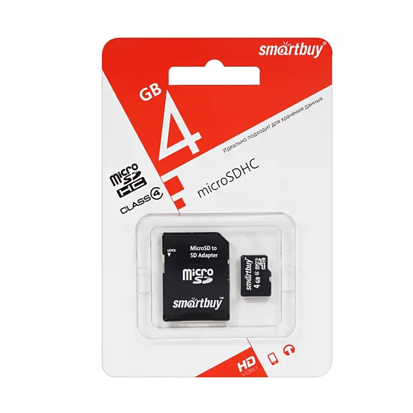 Карта памяти Smartbuy MicroSDHC 4GB Class4SD адаптер 390₽