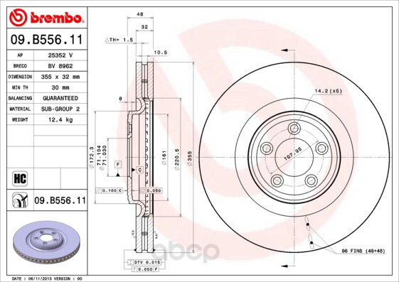 

Тормозной диск brembo передний для Jaguar FX 08-, XJ 10-, XK 06- d=355 мм. 09B55611
