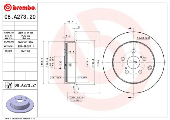 

Тормозной диск brembo комплект 1 шт. 08A27321