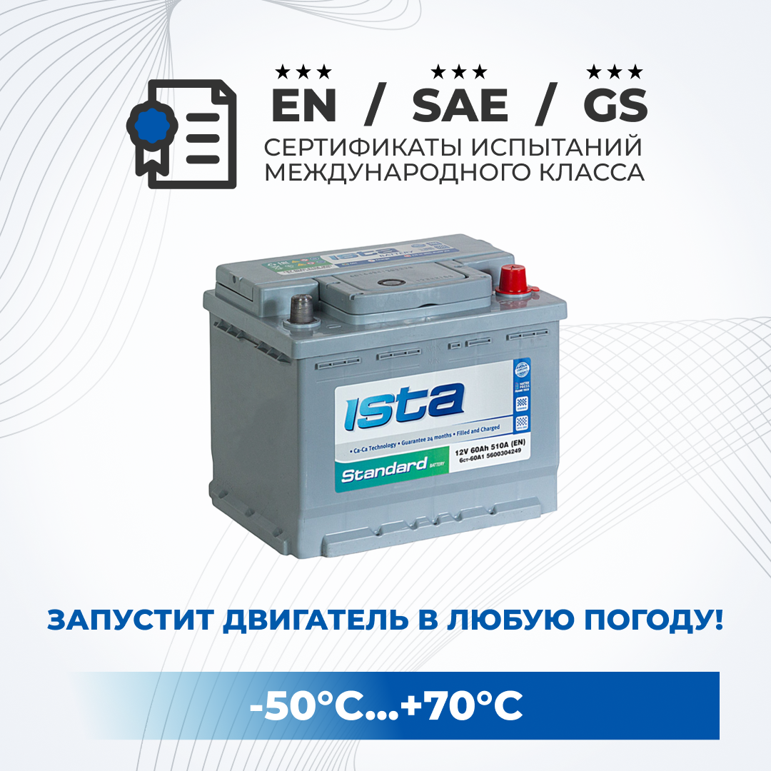 

Аккумулятор автомобильный ISTA 60Ah 510A обратная полярность легковой 242x175x190, ISTA 1