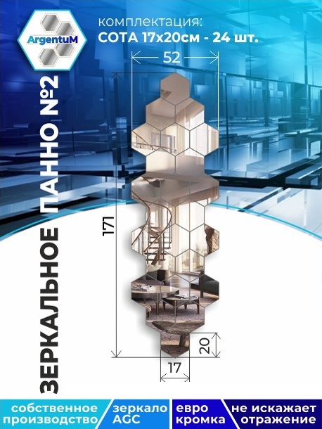 

Зеркальное панно Сота 17,3х20 см с еврокромкой (52х171 см), panel17320001arg