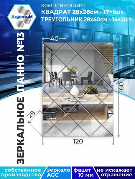 

Зеркальное панно из Квадратов 28х28см с фацетом 10мм (120х160см), panel282282arg