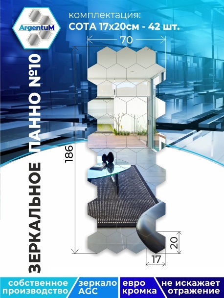 

Зеркальное панно Сота 17,3х20 см с еврокромкой (70х186 см), panel17320001arg