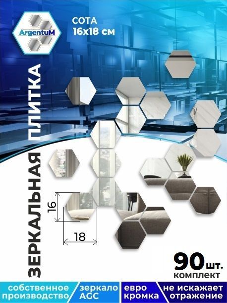 

Зеркальная плитка с еврокромкой Сота 16х18см (90шт.), honeycomb66601arg